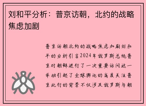 刘和平分析：普京访朝，北约的战略焦虑加剧